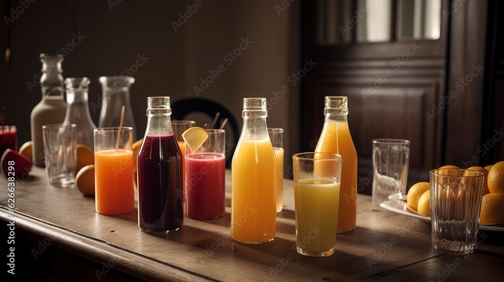 A table set with elegant juice glasses and bottles showcasing different types of juice. Created with Ai Technology A table set with elegant juice glasses and bottles showcasing different types of juice. Created with Ai Technology