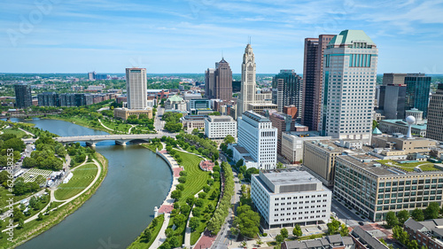 Aerial heart of downtown Columbus Ohio with Scioto river banks and skyscrapers