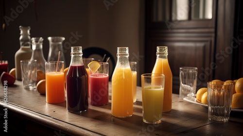 A table set with elegant juice glasses and bottles showcasing different types of juice. Created with Ai Technology