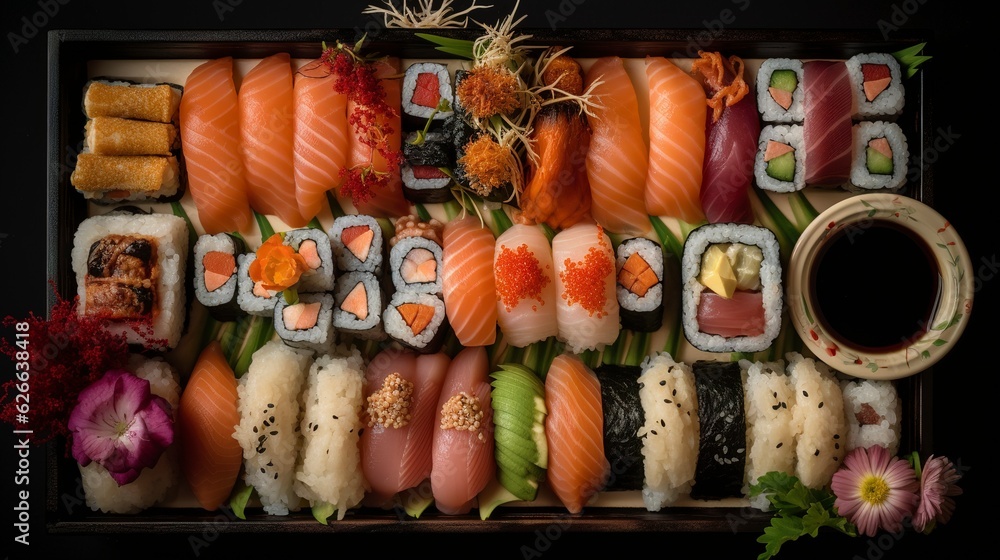 A tray of appetizing sushi rolls and sashimi pieces arranged in an artistic manner. Created with AI Technology

