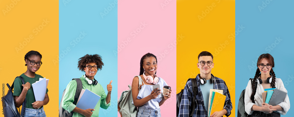 Diverse group of people wearing backpacks and holding notepads
