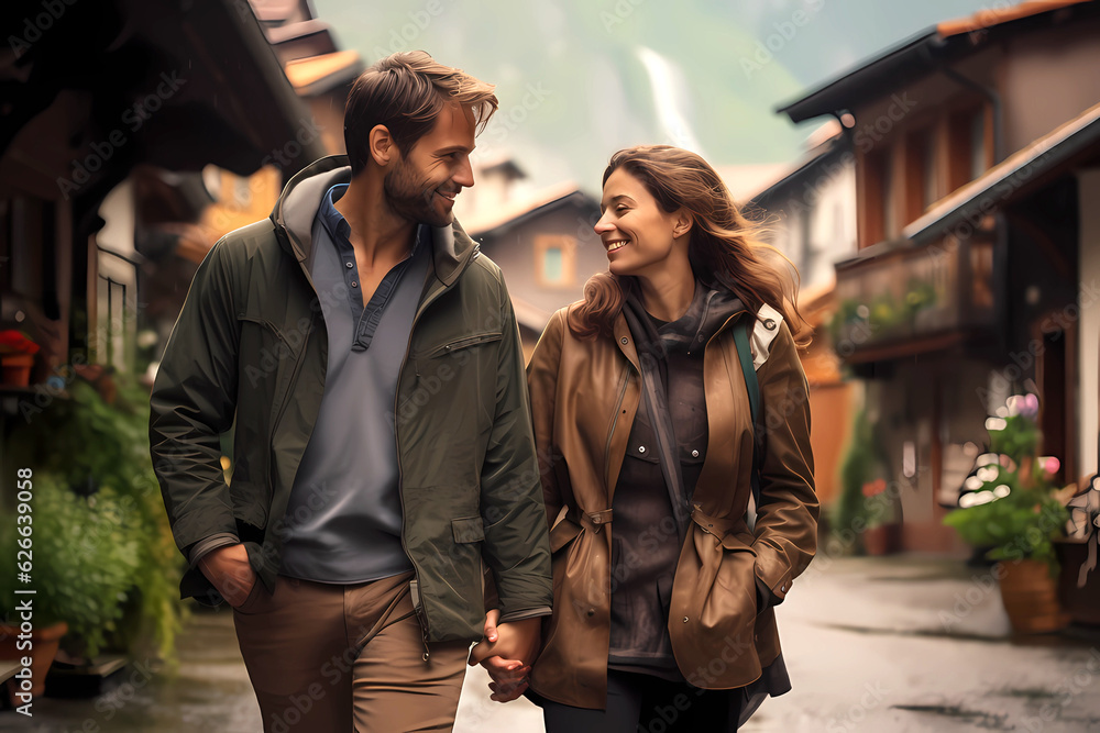 young happy couple hikers walking in an alpine mountain village