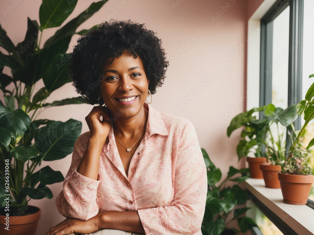 Portrait of a smiling happy senior african american woman with satisfaction on the face of a gardener, takes care of her plants on the balcony in the early morning. Concept of active age. Portrait of a smiling happy senior african american woman with satisfaction on the face of a gardener, takes care of her plants on the balcony in the early morning. Concept of active age.