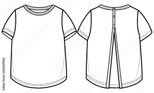 Baby open back T Shirt design flat sketch fashion illustration drawing template mock up with front and back view. Toddler baby boy back open Crew neck T shirt top cad vector template