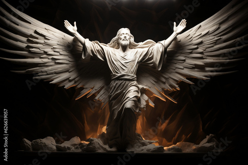 Spotlit resurrection sculpture of Jesus rising up, arms outstretched