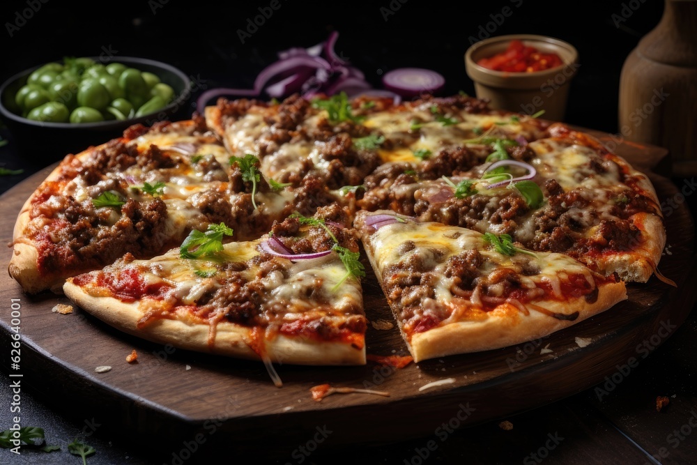 Kebab pizza made with minced meat, cabbage, tomato and garlic sauce. Kebab pizza made with minced meat, cabbage, tomato and garlic sauce.