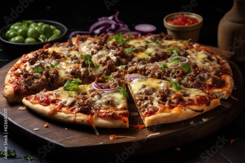 Kebab pizza made with minced meat, cabbage, tomato and garlic sauce.