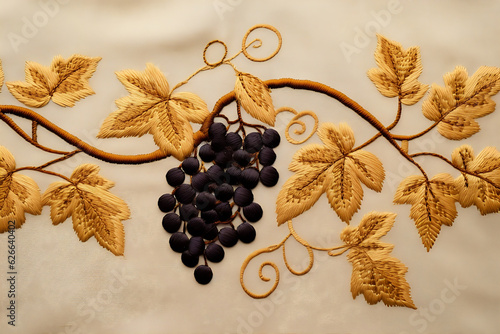 Close up of embroidered altar cloth with grape vine and wheat motifs