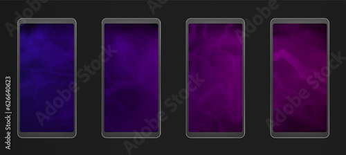 Four separated night mobile phone backgrounds. Set of dark purple, violet and pink smoke abstract backdrops. Vector realistic vibrant quadriptych templates or screensavers. photo
