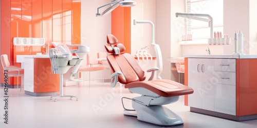 A dentist's chair in an orange and white room.