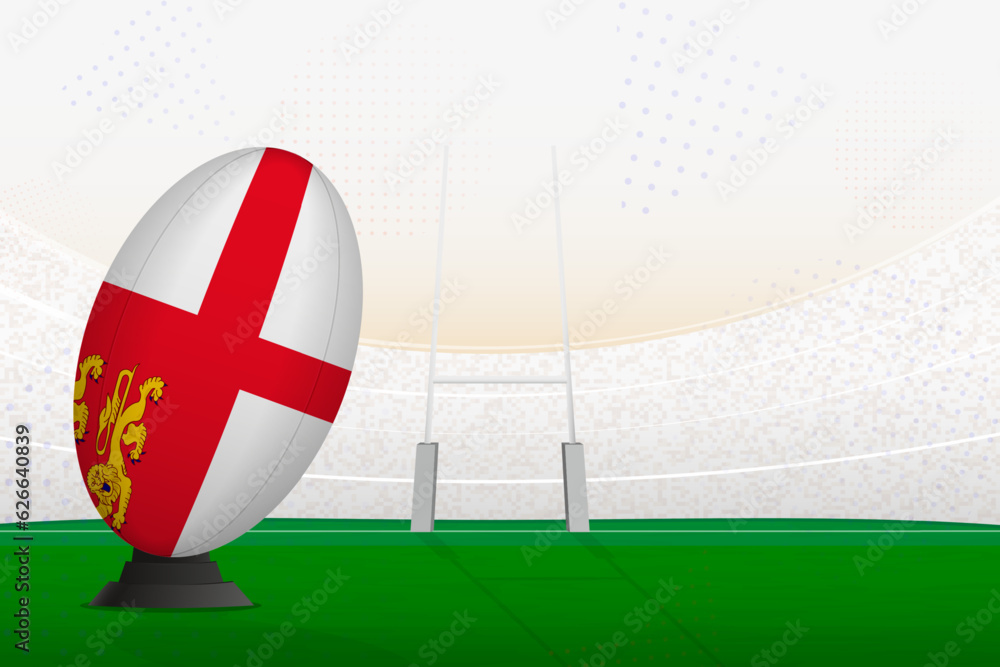 Naklejka premium Sark national team rugby ball on rugby stadium and goal posts, preparing for a penalty or free kick.