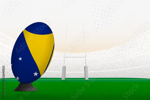 Tokelau national team rugby ball on rugby stadium and goal posts, preparing for a penalty or free kick.