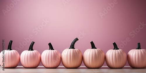 A row of pink pumpkins sitting on top of a wooden table. Halloween decor.