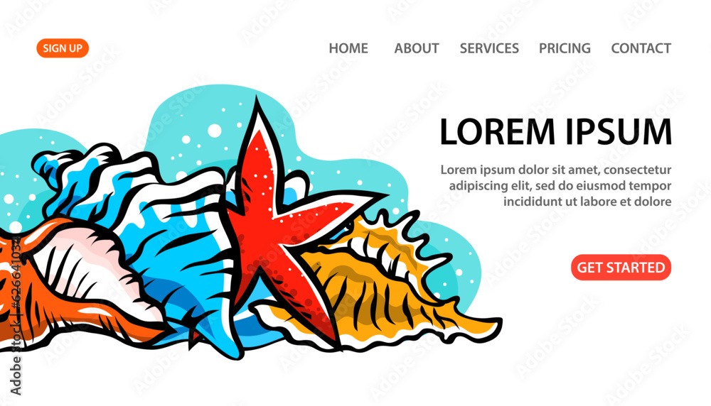 Fototapeta premium Colorful seashells and starfish set. Snail sea shell. Marine underwater twisted seashell. Undersea mollusc. Animal and wildlife. Cartoon vector art illustration hand drawn. Design for website, banner