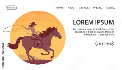 Beautiful cowboy girl in a hat rides a horse. Athletic agile woman swinging rope lasso. Wild West, western, rodeo and horse racing. Design for poster, banner, website. Cartoon vector illustration