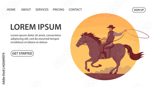 Beautiful cowboy girl in a hat rides a horse. Athletic agile woman swinging rope lasso. Wild West, western, rodeo and horse racing. Design for poster, banner, website. Cartoon vector illustration