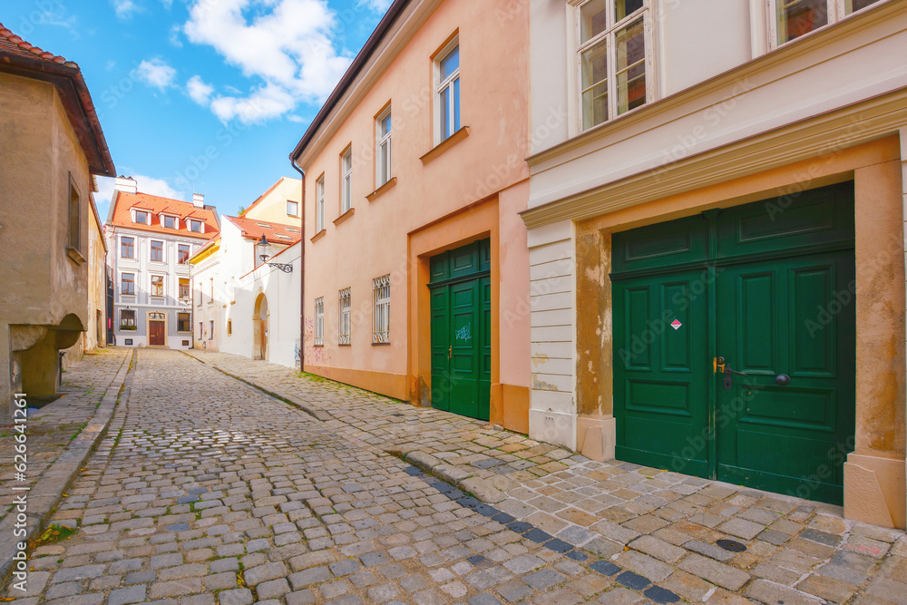 bratislava, slovakia - oct 16, 2019: narrow streets of the old city center. autumn vacations in europe. sunny weather at high noon