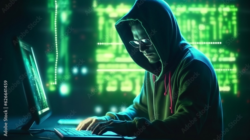 Coder sitting in front of computer and keyboard with abstract digital background. Made with Generative AI. Coder sitting in front of computer and keyboard with abstract digital background. Made with Generative AI.