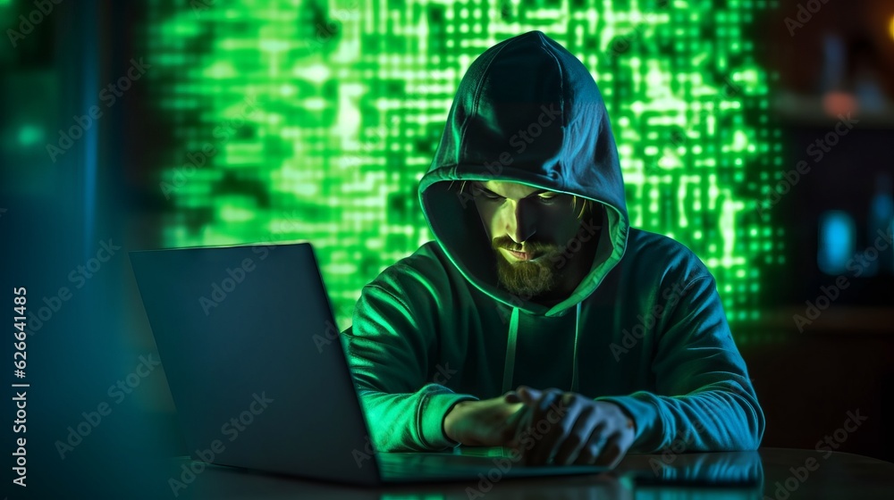 Coder sitting in front of computer and keyboard with abstract digital background. Made with Generative AI. Coder sitting in front of computer and keyboard with abstract digital background. Made with Generative AI.