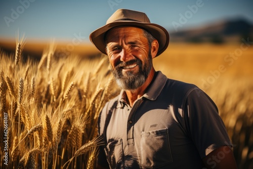 A man in a hat standing in a field of wheat. Portrait of a farmer.