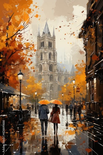 A painting of two people walking down a street with umbrellas. Digital image. Romantic European town on a rainy day in Autumn. © tilialucida