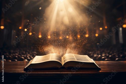 Angled overhead shot of a bible open on a pulpit with shafts of light
