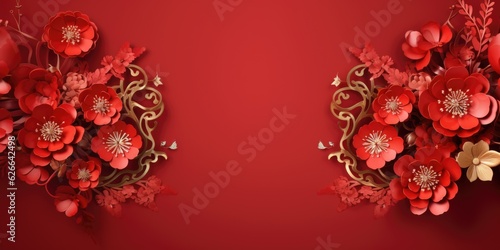 A pair of red flowers on a red background. Elegant design for Chinese New Year greeting card.