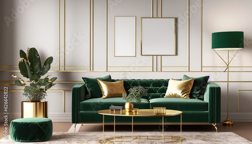 Luxury living room in house with modern interior design, green velvet sofa, coffee table, pouf, gold decoration, plant, lamp, carpet, mock up poster frame and elegant accessories