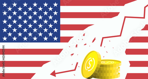 Dollar index falls illustration with a dollar and a hole in space. Down arrow and USA flag