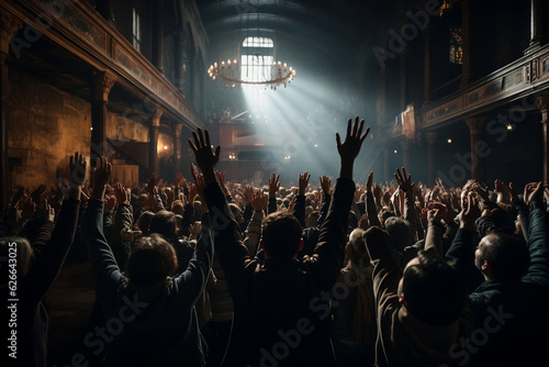 A church congregation lifting their hands up high in worship
