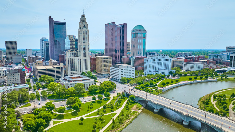 Aerial over Columbus Ohio river and bridge leading to downtown