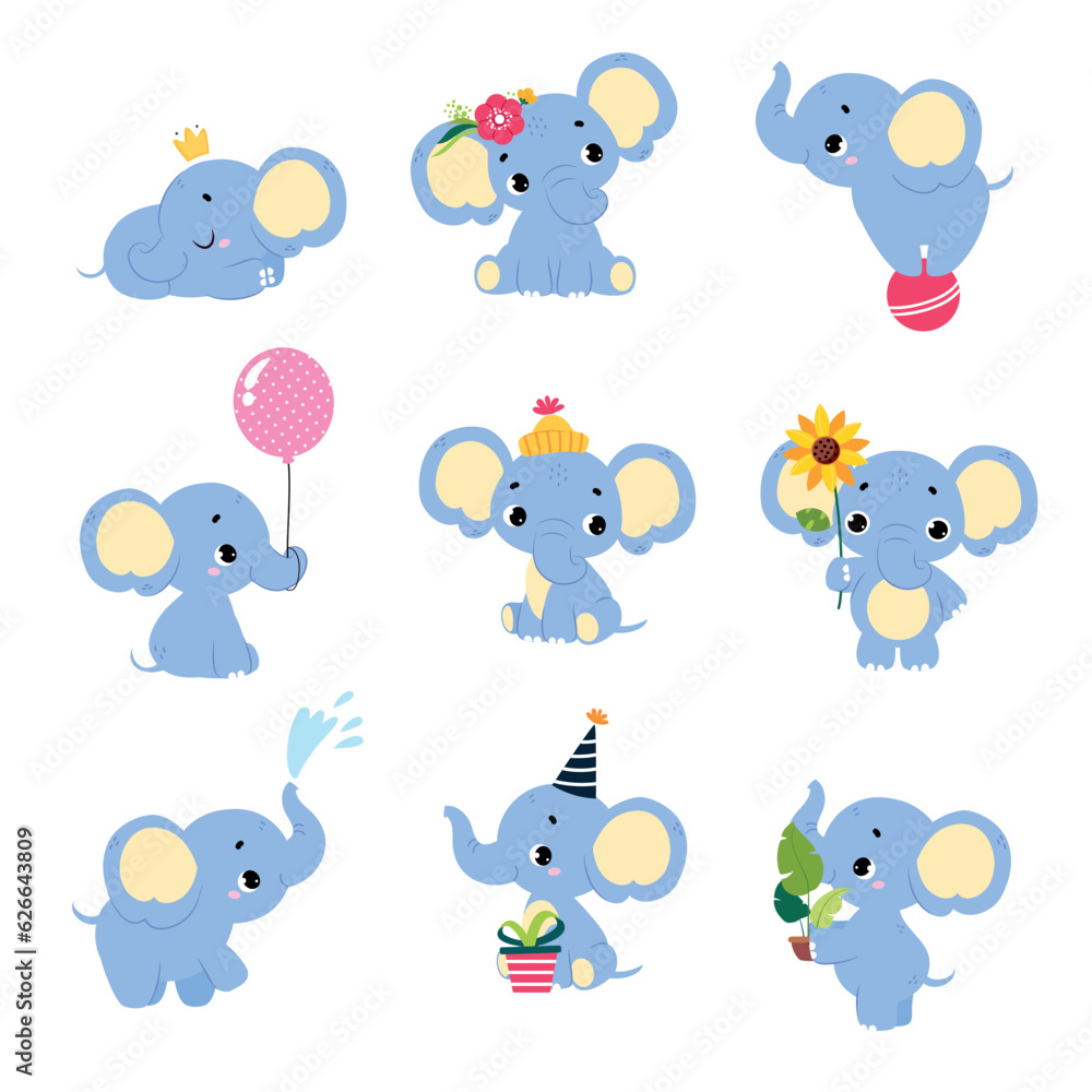 Fototapeta premium Cute Baby Elephant Character with Trunk Engaged in Different Activity Vector Set