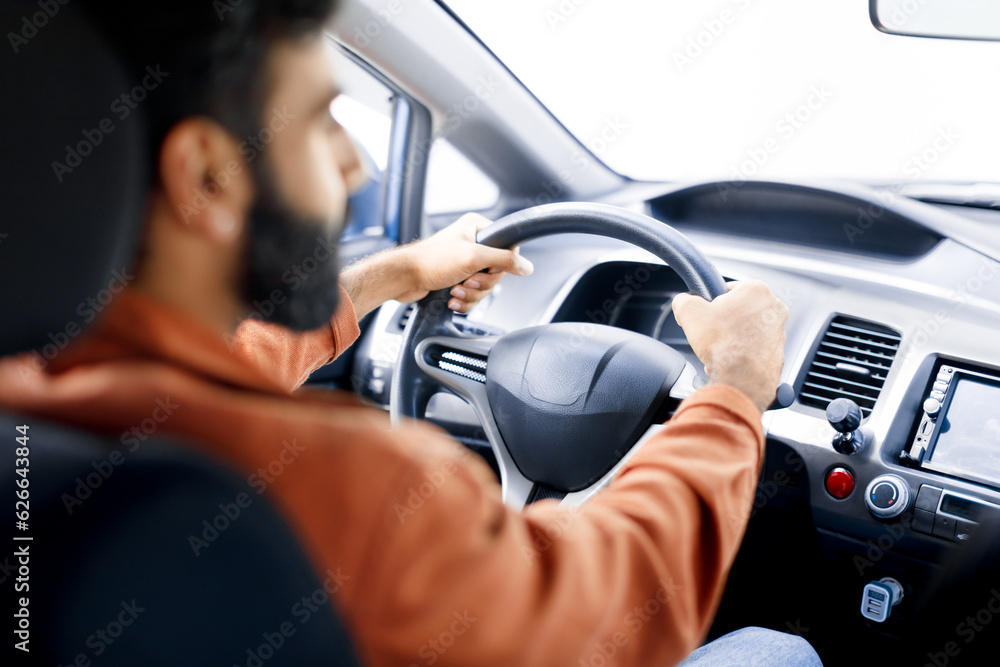 Arabic Man Driver Driving Siting Inside Auto Holding Car Wheel Arabic Man Driver Driving Siting Inside Auto Holding Car Wheel