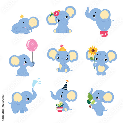 Cute Baby Elephant Character with Trunk Engaged in Different Activity Vector Set