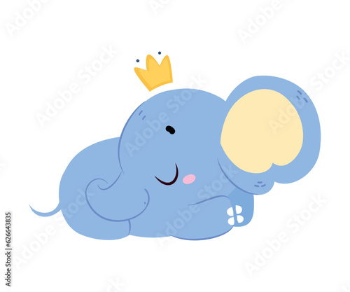 Cute Baby Elephant Character with Trunk and Crown on Head Cuddle Vector Illustration