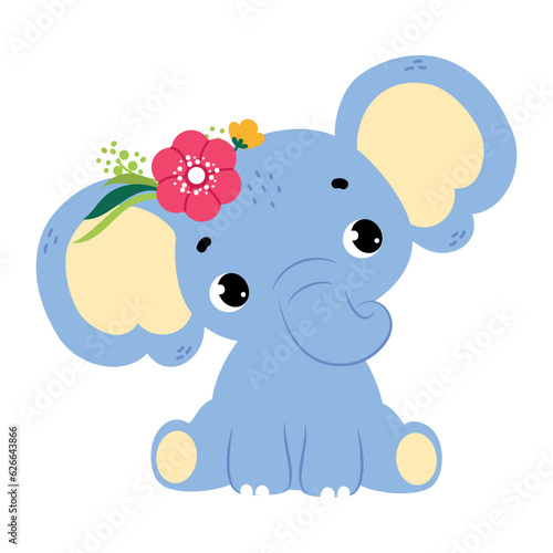 Cute Baby Elephant Character with Trunk and Flower on Head Sitting Vector Illustration