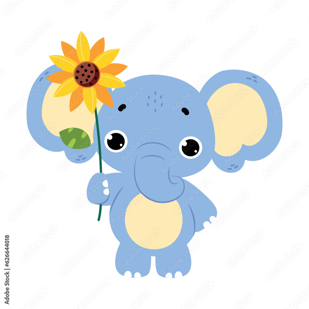 Cute Baby Elephant Character with Trunk Hold Sunflower Vector Illustration Cute Baby Elephant Character with Trunk Hold Sunflower Vector Illustration