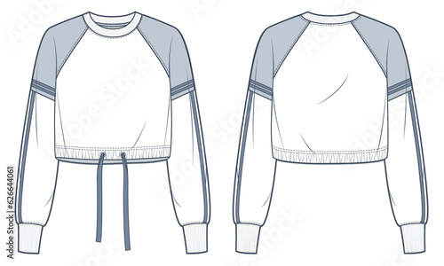 Cropped Sweatshirt technical fashion illustration. Drawstring Sweatshirt fashion flat technical drawing template, oversize, stripes, front, back view, white and grey, women, men, unisex CAD mockup set