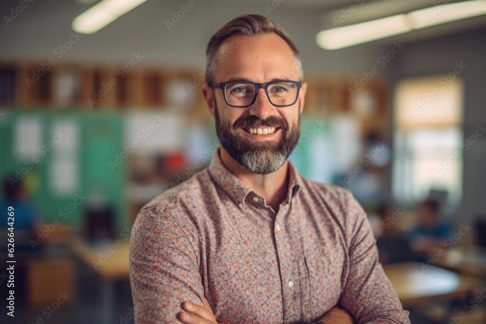 Handsome bearded man teacher in classroom with arms crossed, cheerful education from elementary to university Handsome bearded man teacher in classroom with arms crossed, cheerful education from elementary to university