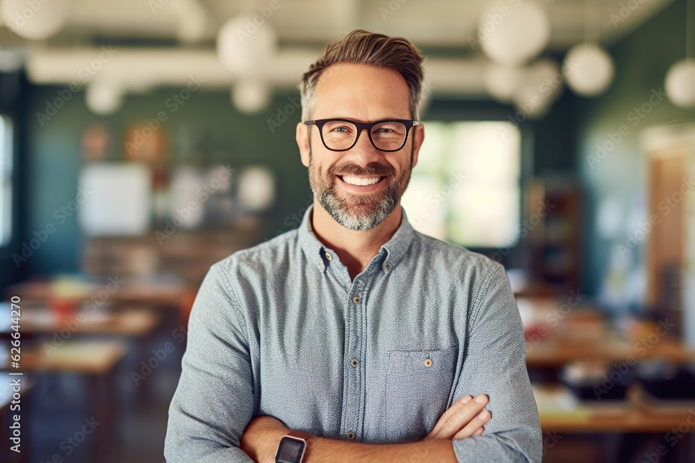 Handsome bearded man teacher in classroom with arms crossed, cheerful education from elementary to university Handsome bearded man teacher in classroom with arms crossed, cheerful education from elementary to university