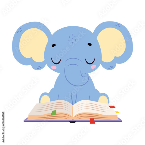 Cute Baby Elephant Character with Trunk Sit and Reading Book Vector Illustration