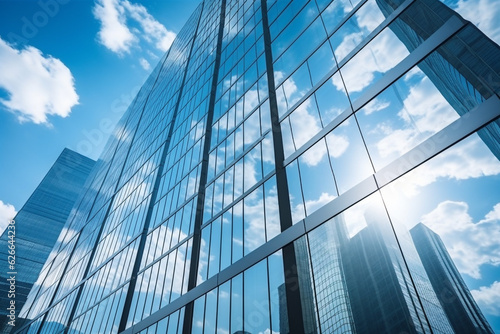 Reflective skyscrapers  business office buildings. Low angle photography of glass curtain wall details of high-rise buildings.The window glass reflects the blue sky and white clouds. . High quality