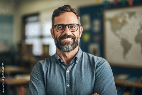 Handsome bearded man teacher in classroom with arms crossed, cheerful education from elementary to university
