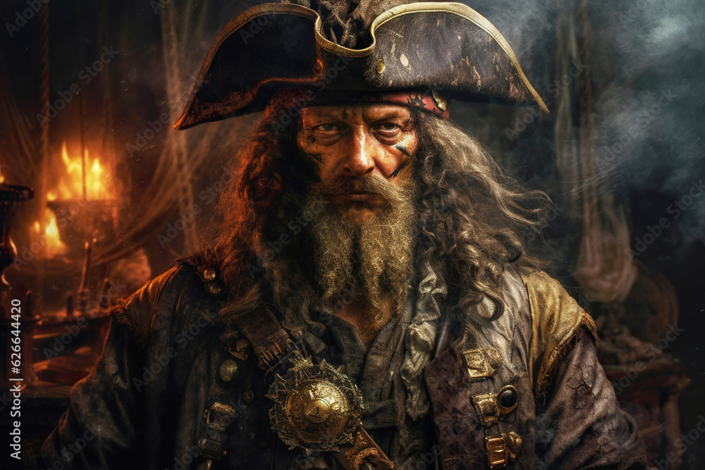 Pirate portrait, bearded man in costume on ship, old movie character with hat