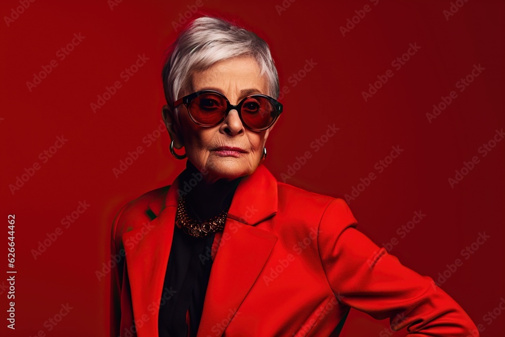 Fashion portrait of stylish senior woman wearing deep red outfit and sunglasses