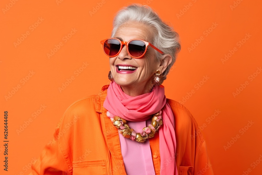 Happy senior woman in colorful orange outfit, cool sunglasses, laughing and having fun in fashion studio