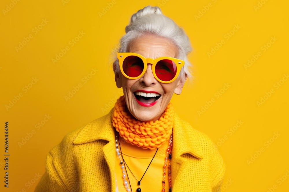 Φωτογραφία Happy senior woman in colorful yellow outfit, cool sunglasses, laughing and havi