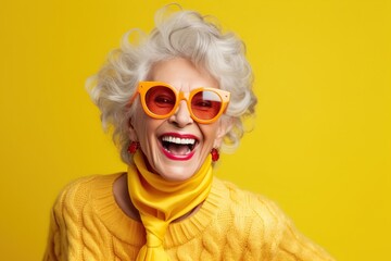 Happy senior woman in colorful yellow outfit, cool sunglasses, laughing and having fun in fashion studio