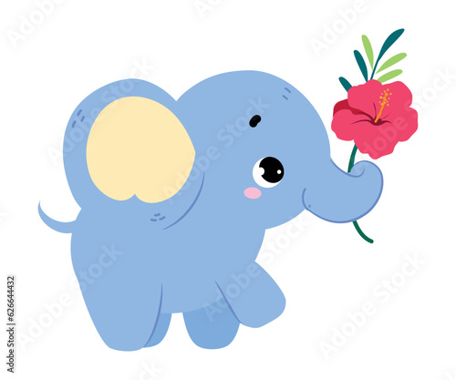 Cute Baby Elephant Character with Trunk Holding Flower Vector Illustration