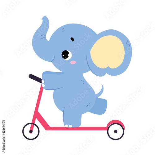 Cute Baby Elephant Character with Trunk Riding Scooter Vector Illustration
